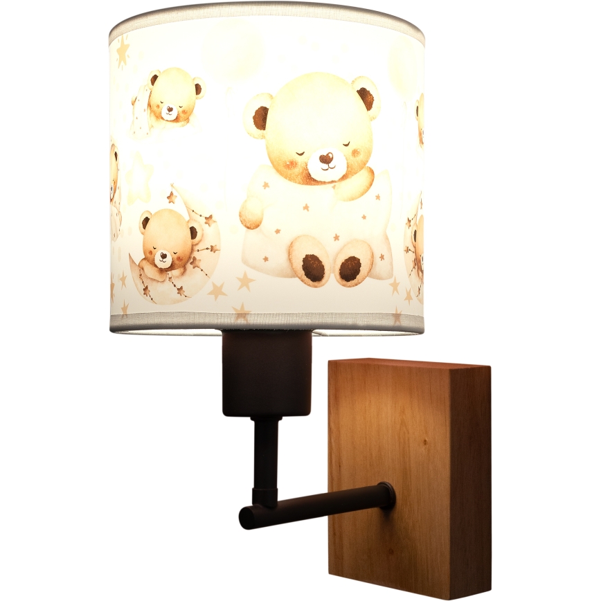 Brilagi - Lampada da parete per bambini BOBO WOOD 1xE27/25W/230V rovere/nero/bianco/orsetti