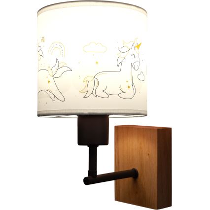 Brilagi - Lampada da parete per bambini BOBO WOOD 1xE27/25W/230V rovere/nero/bianco/unicorni
