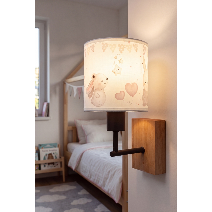 Brilagi - Lampada da parete per bambini BOBO WOOD 1xE27/25W/230V rovere/nero/crema/coniglietti