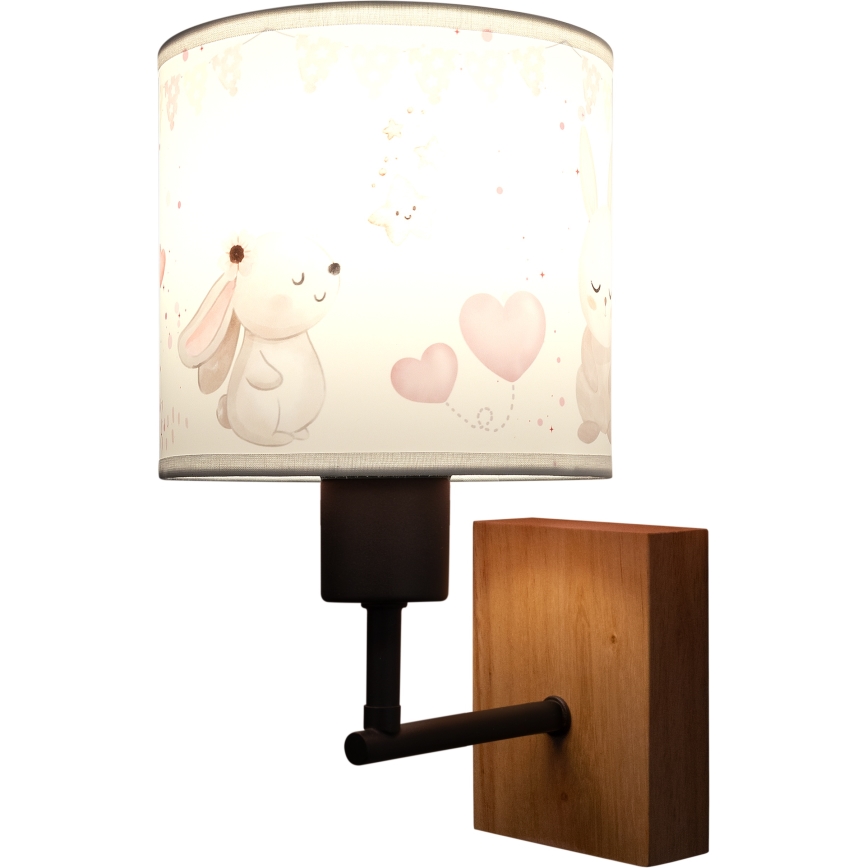 Brilagi - Lampada da parete per bambini BOBO WOOD 1xE27/25W/230V rovere/nero/crema/coniglietti