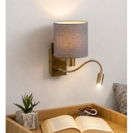 Brilagi - Lampada da parete LED flessibile NUBILA 1xE27/25W/230V + LED/3W ottone/grigio chiaro