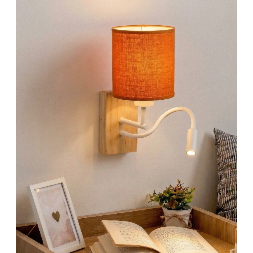 Brilagi - Lampada da parete flessibile a LED NUBILA WOOD 1xE27/25W/230V + LED/3W rovere/bianco/arancione