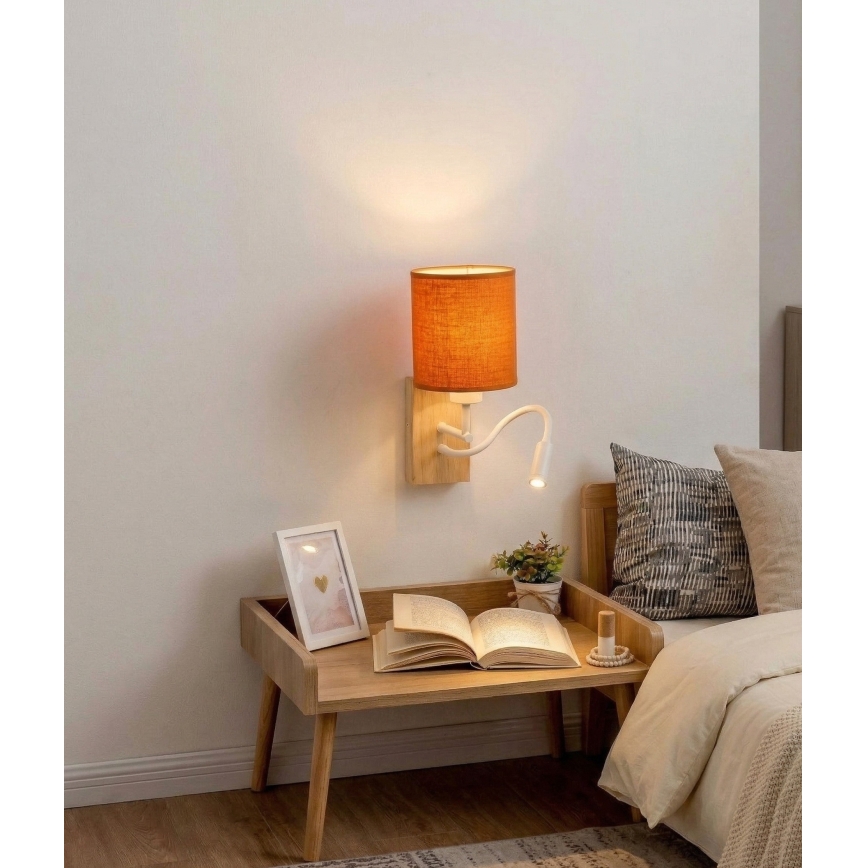 Brilagi - Lampada da parete flessibile a LED NUBILA WOOD 1xE27/25W/230V + LED/3W rovere/bianco/arancione