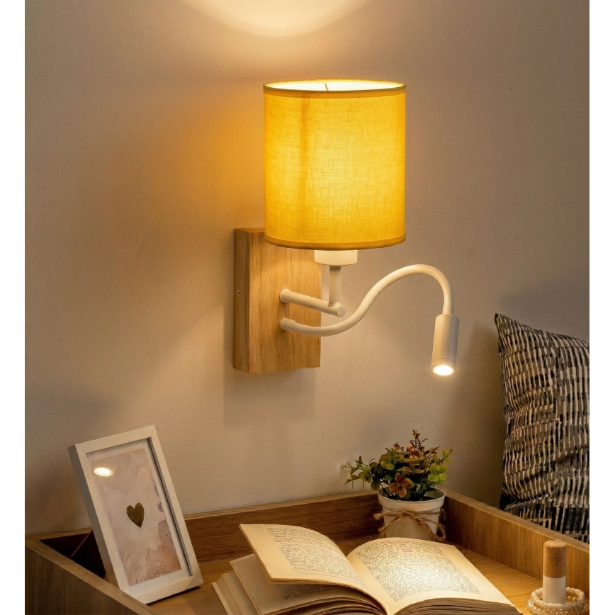 Brilagi - Lampada da parete flessibile a LED NUBILA WOOD 1xE27/25W/230V + LED/3W rovere/bianco/giallo