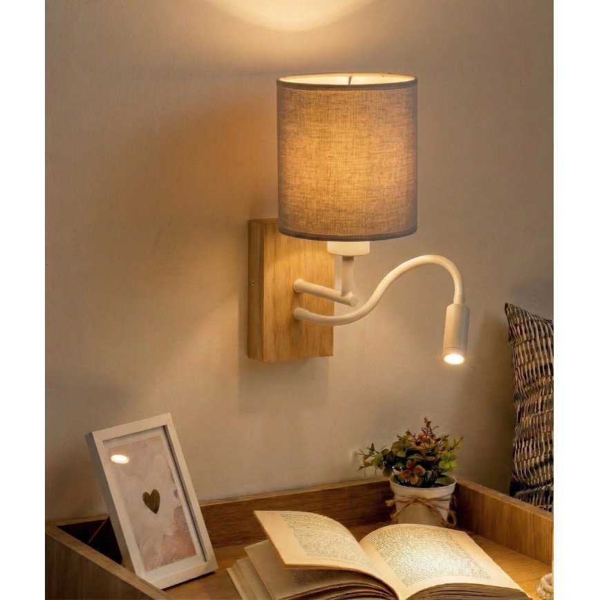 Brilagi - Lampada LED da parete flessibile NUBILA WOOD 1xE27/25W/230V + LED/3W rovere/bianco/grigio chiaro