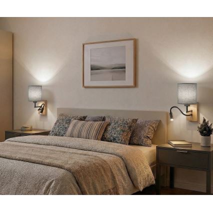 Brilagi - Lampada LED da parete flessibile NUBILA WOOD 1xE27/25W/230V + LED/3W rovere/bianco/grigio chiaro