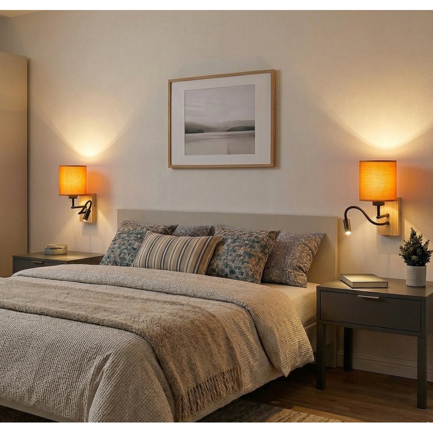 Brilagi - Lampada da parete flessibile a LED NUBILA WOOD 1xE27/25W/230V + LED/3W rovere/nero/arancione