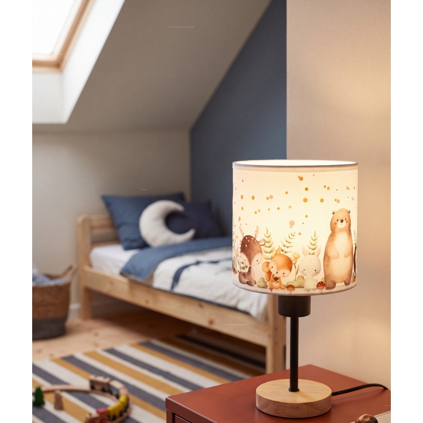 Brilagi - Lampada da tavolo per bambini BOBO WOOD 1xE27/25W/230V rovere/nero/bianco/animaletti