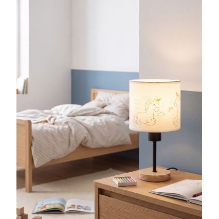 Brilagi - Lampada da tavolo per bambini BOBO WOOD 1xE27/25W/230V rovere/nero/bianco/unicorni