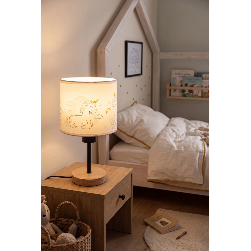 Brilagi - Lampada da tavolo per bambini BOBO WOOD 1xE27/25W/230V rovere/nero/bianco/unicorni
