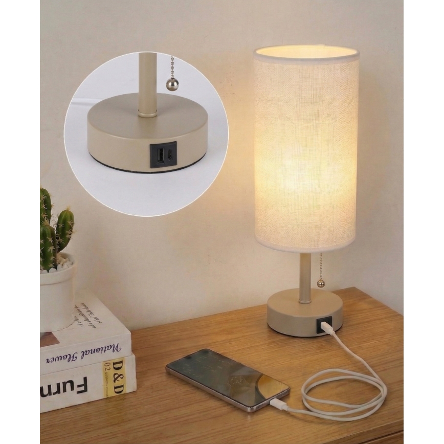 Brilagi - Lampada da tavolo con porta USB TABLON 1xE27/25W/230V beige/bianco