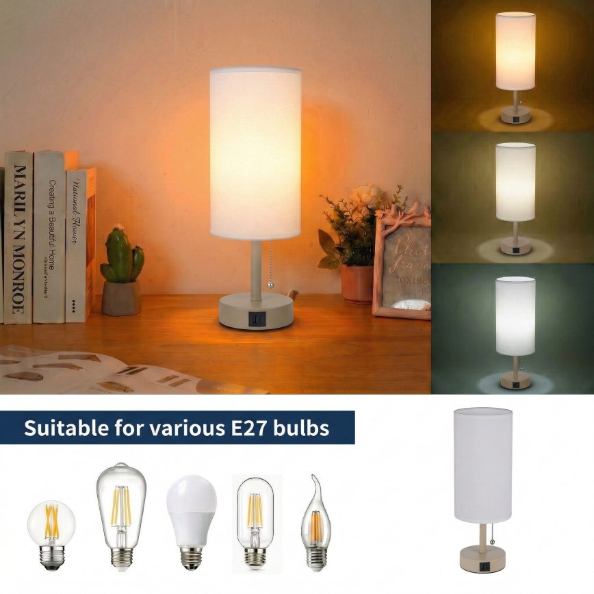 Brilagi - Lampada da tavolo con porta USB TABLON 1xE27/25W/230V beige/bianco