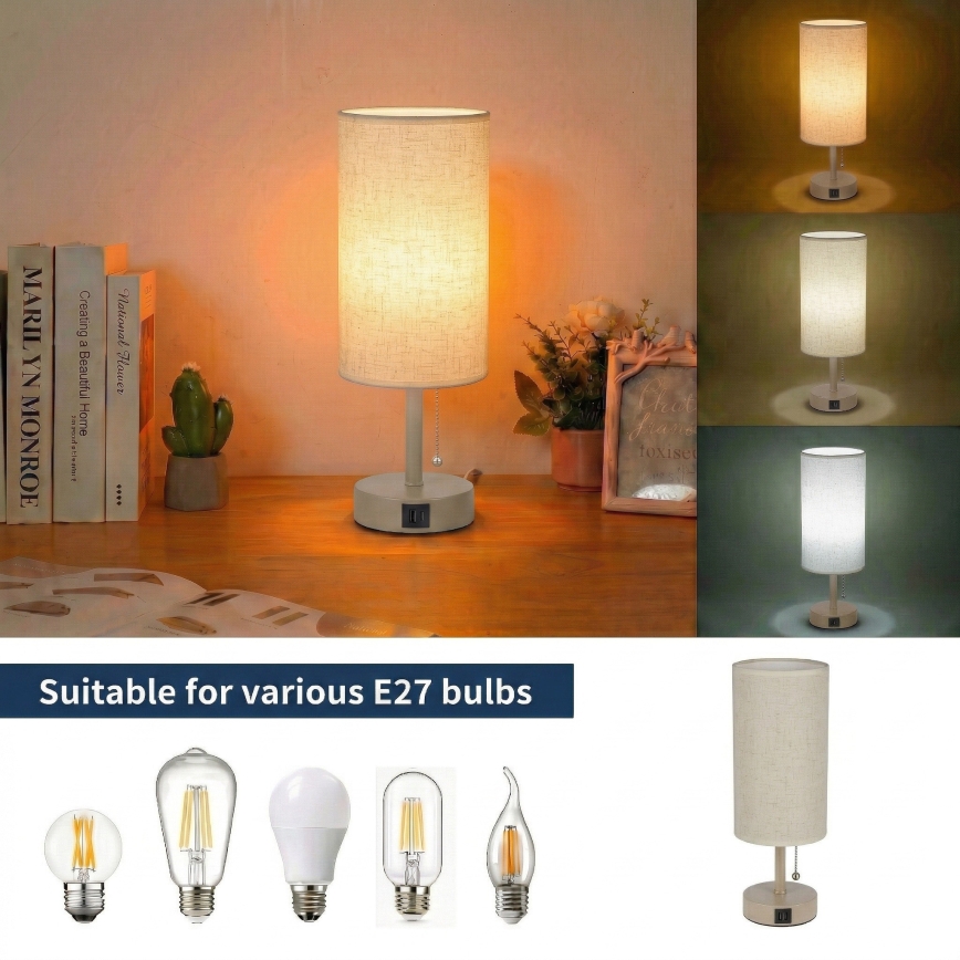 Brilagi - Lampada da tavolo con porta USB TABLON 1xE27/25W/230V beige/crema