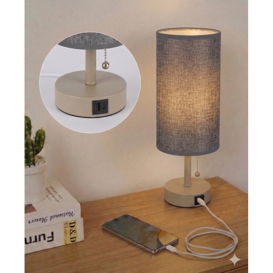 Brilagi - Lampada da tavolo con porta USB TABLON 1xE27/25W/230V beige/grigio
