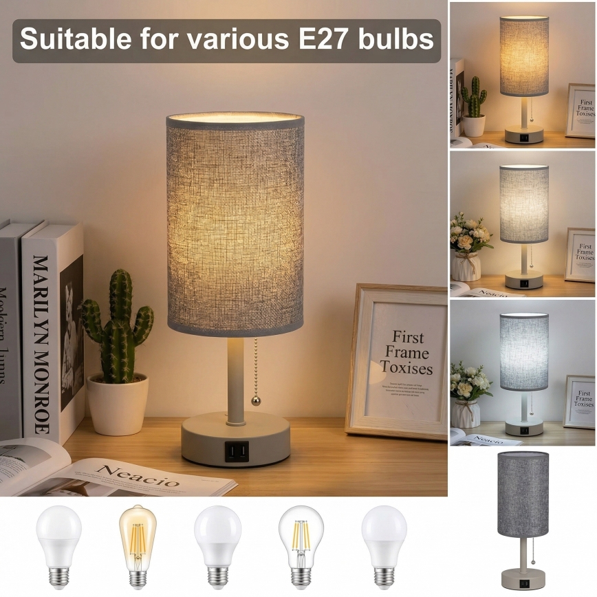 Brilagi - Lampada da tavolo con porta USB TABLON 1xE27/25W/230V beige/grigio