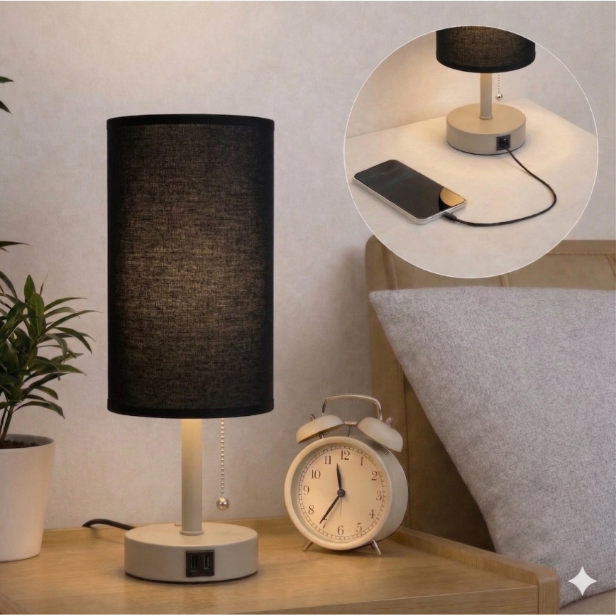 Brilagi - Lampada da tavolo con porta USB TABLON 1xE27/25W/230V beige/nera