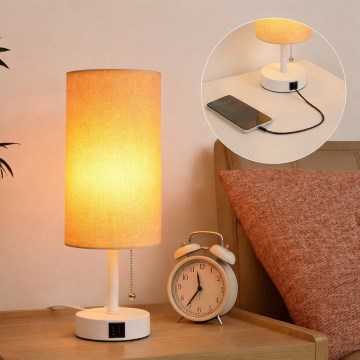 Brilagi - Lampada da tavolo con porta USB TABLON 1xE27/25W/230V bianco/beige