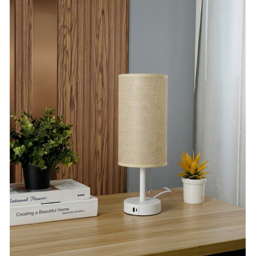 Brilagi - Lampada da tavolo con porta USB TABLON 1xE27/25W/230V bianco/beige