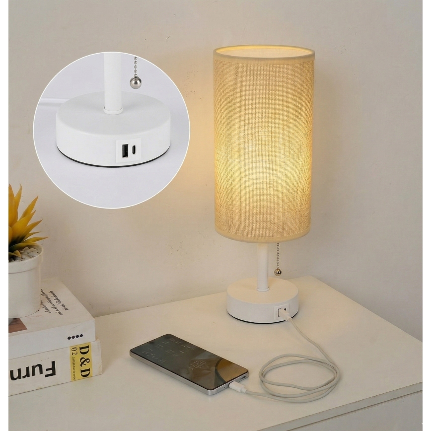 Brilagi - Lampada da tavolo con porta USB TABLON 1xE27/25W/230V bianco/beige
