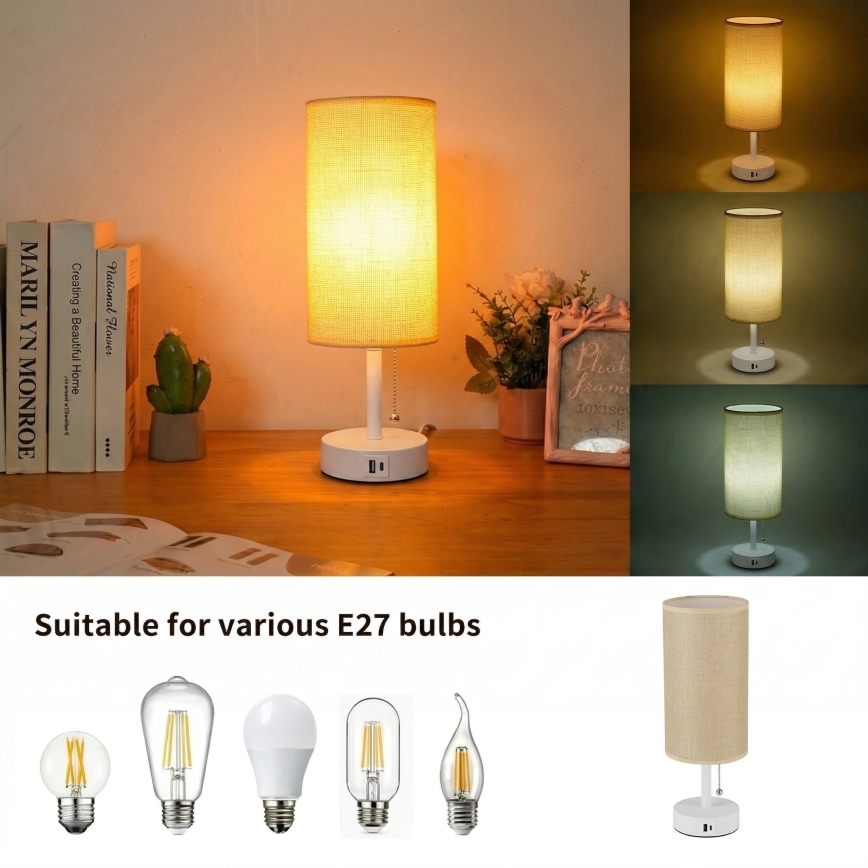 Brilagi - Lampada da tavolo con porta USB TABLON 1xE27/25W/230V bianco/beige