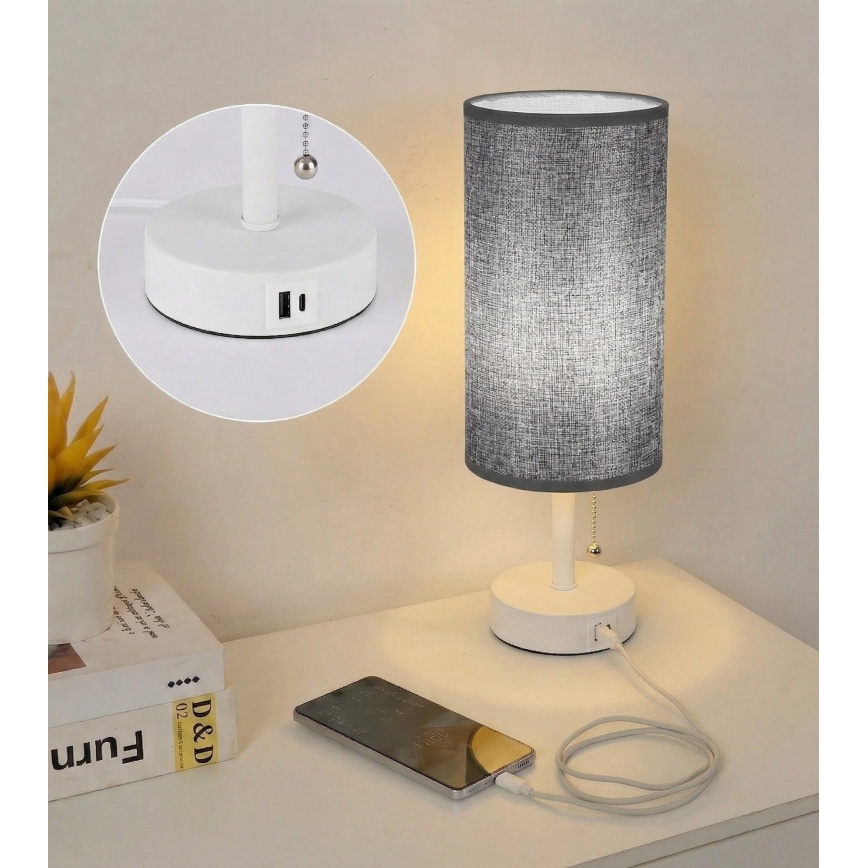 Brilagi - Lampada da tavolo con porta USB TABLON 1xE27/25W/230V bianco/grigio