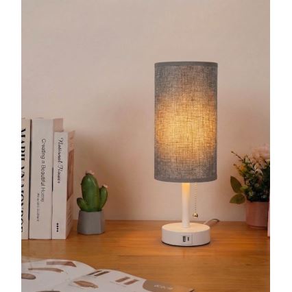 Brilagi - Lampada da tavolo con porta USB TABLON 1xE27/25W/230V bianco/grigio