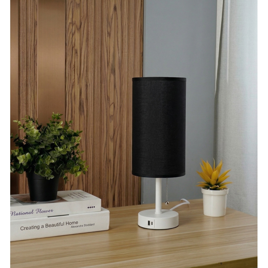Brilagi - Lampada da tavolo con porta USB TABLON 1xE27/25W/230V bianco/nero