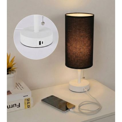 Brilagi - Lampada da tavolo con porta USB TABLON 1xE27/25W/230V bianco/nero