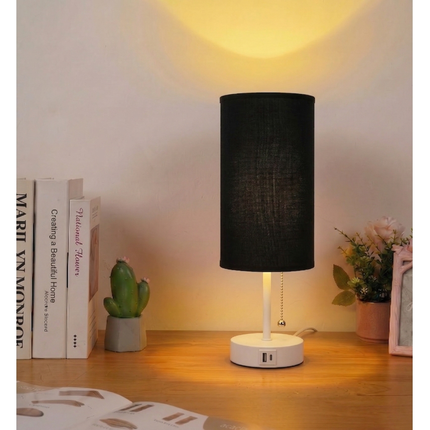 Brilagi - Lampada da tavolo con porta USB TABLON 1xE27/25W/230V bianco/nero