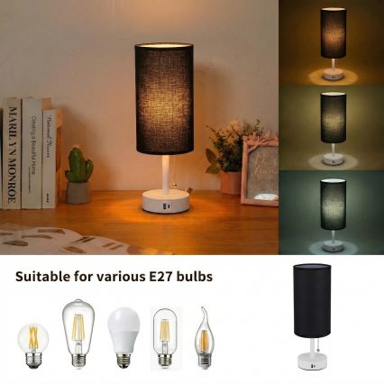 Brilagi - Lampada da tavolo con porta USB TABLON 1xE27/25W/230V bianco/nero