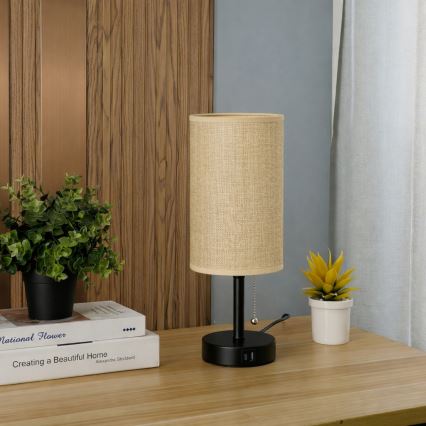 Brilagi - Lampada da tavolo con porta USB TABLON 1xE27/25W/230V nera/beige
