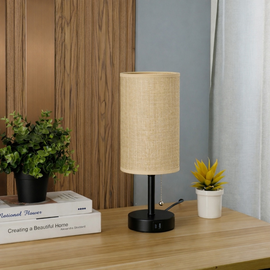 Brilagi - Lampada da tavolo con porta USB TABLON 1xE27/25W/230V nera/beige
