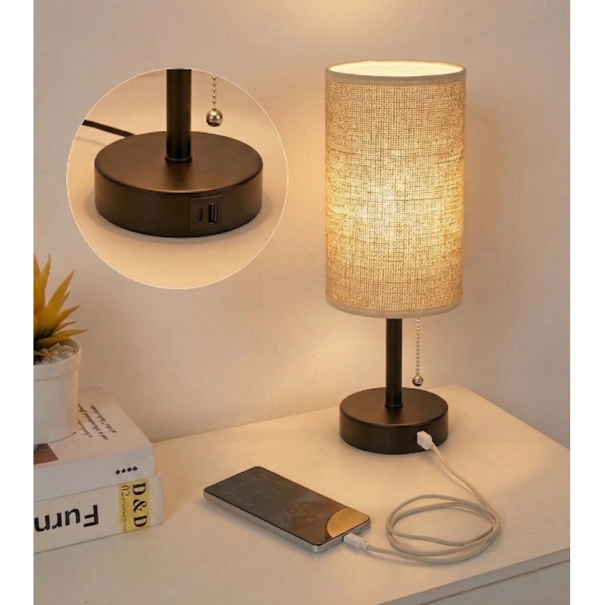 Brilagi - Lampada da tavolo con porta USB TABLON 1xE27/25W/230V nera/beige