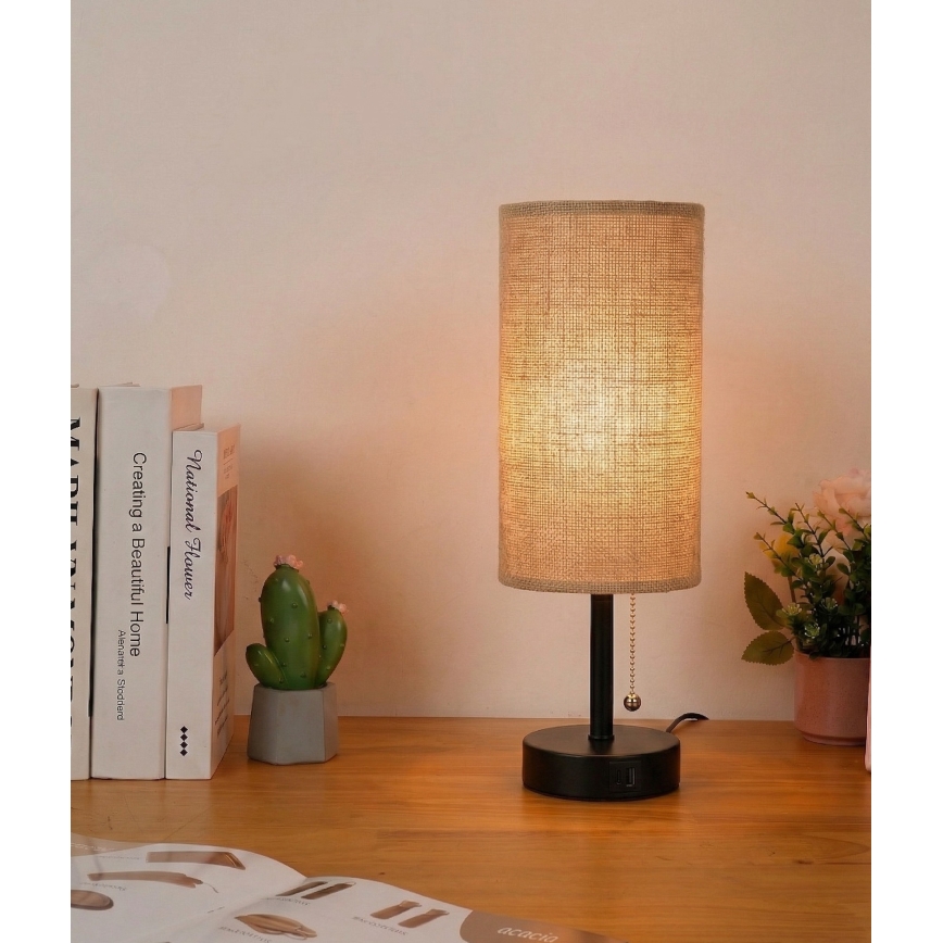 Brilagi - Lampada da tavolo con porta USB TABLON 1xE27/25W/230V nera/beige