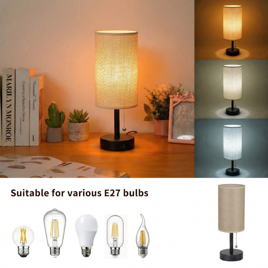 Brilagi - Lampada da tavolo con porta USB TABLON 1xE27/25W/230V nera/beige