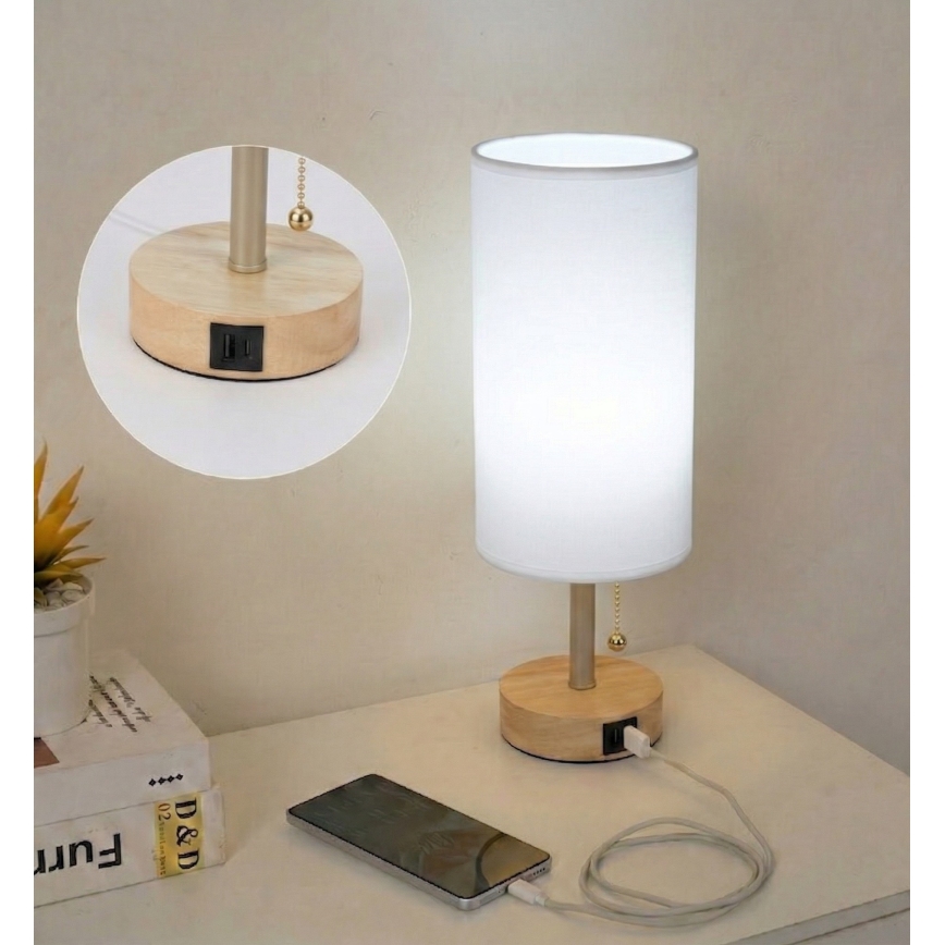 Brilagi - Lampada da tavolo con porta USB TABLON 1xE27/25W/230V rovere/beige/bianco