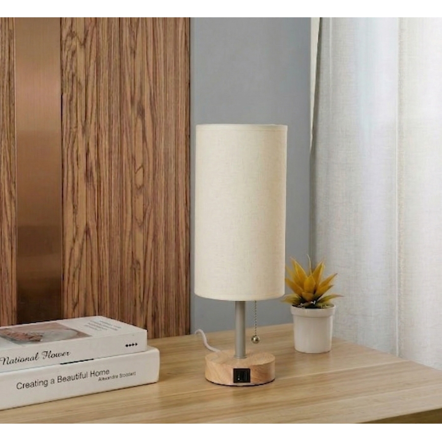 Brilagi - Lampada da tavolo con porta USB TABLON 1xE27/25W/230V rovere/beige/crema