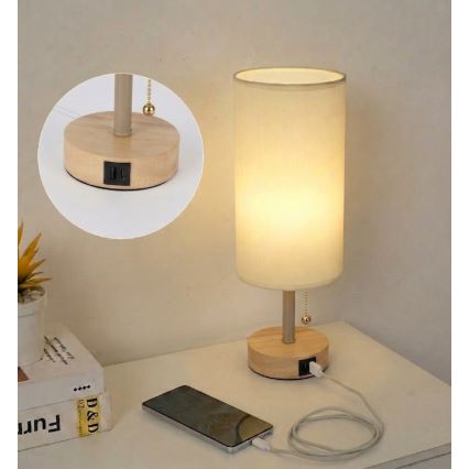 Brilagi - Lampada da tavolo con porta USB TABLON 1xE27/25W/230V rovere/beige/crema