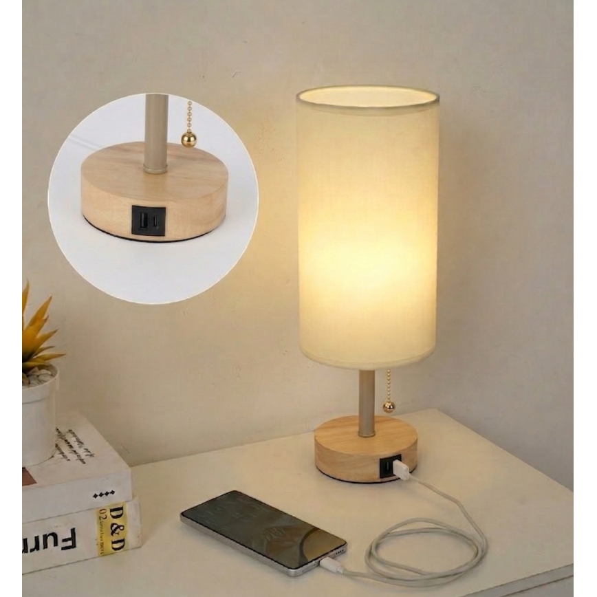 Brilagi - Lampada da tavolo con porta USB TABLON 1xE27/25W/230V rovere/beige/crema