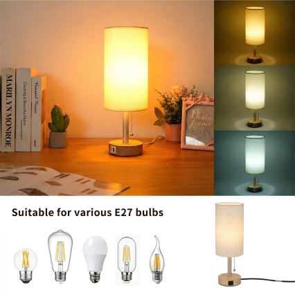 Brilagi - Lampada da tavolo con porta USB TABLON 1xE27/25W/230V rovere/beige/crema