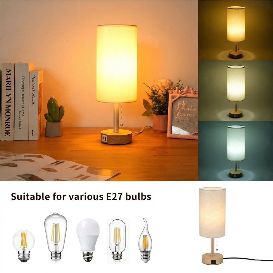 Brilagi - Lampada da tavolo con porta USB TABLON 1xE27/25W/230V rovere/beige/crema