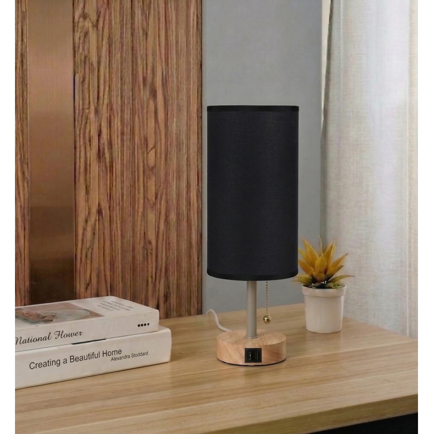 Brilagi - Lampada da tavolo con porta USB TABLON 1xE27/25W/230V rovere/beige/nero