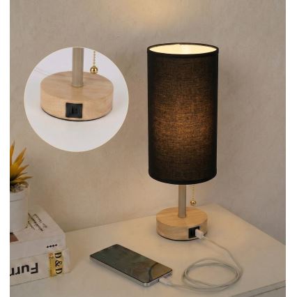 Brilagi - Lampada da tavolo con porta USB TABLON 1xE27/25W/230V rovere/beige/nero