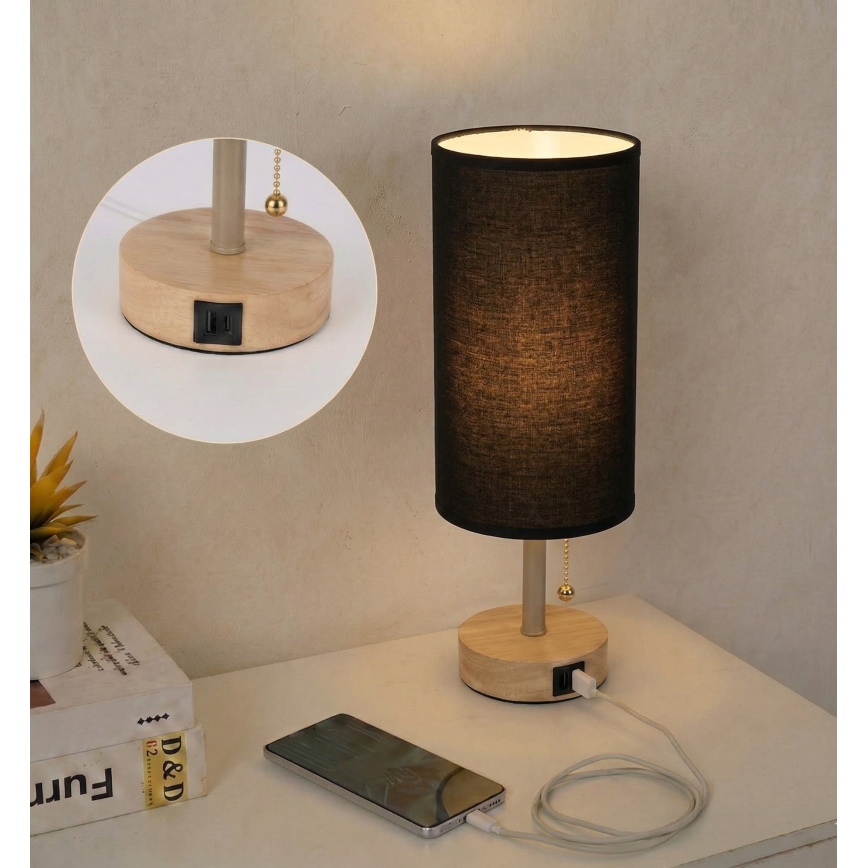 Brilagi - Lampada da tavolo con porta USB TABLON 1xE27/25W/230V rovere/beige/nero