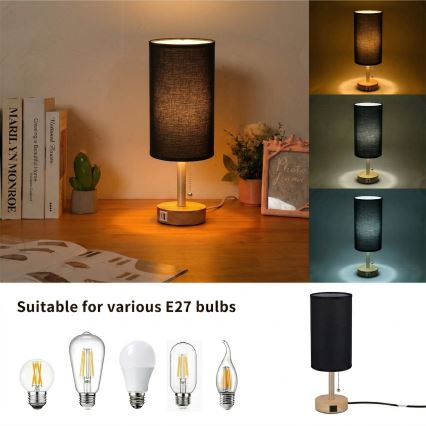 Brilagi - Lampada da tavolo con porta USB TABLON 1xE27/25W/230V rovere/beige/nero