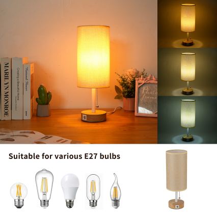 Brilagi - Lampada da tavolo con porta USB TABLON 1xE27/25W/230V rovere/bianco/beige