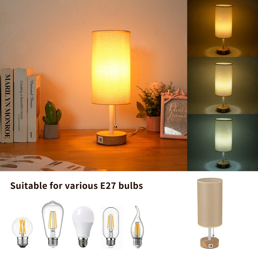 Brilagi - Lampada da tavolo con porta USB TABLON 1xE27/25W/230V rovere/bianco/beige