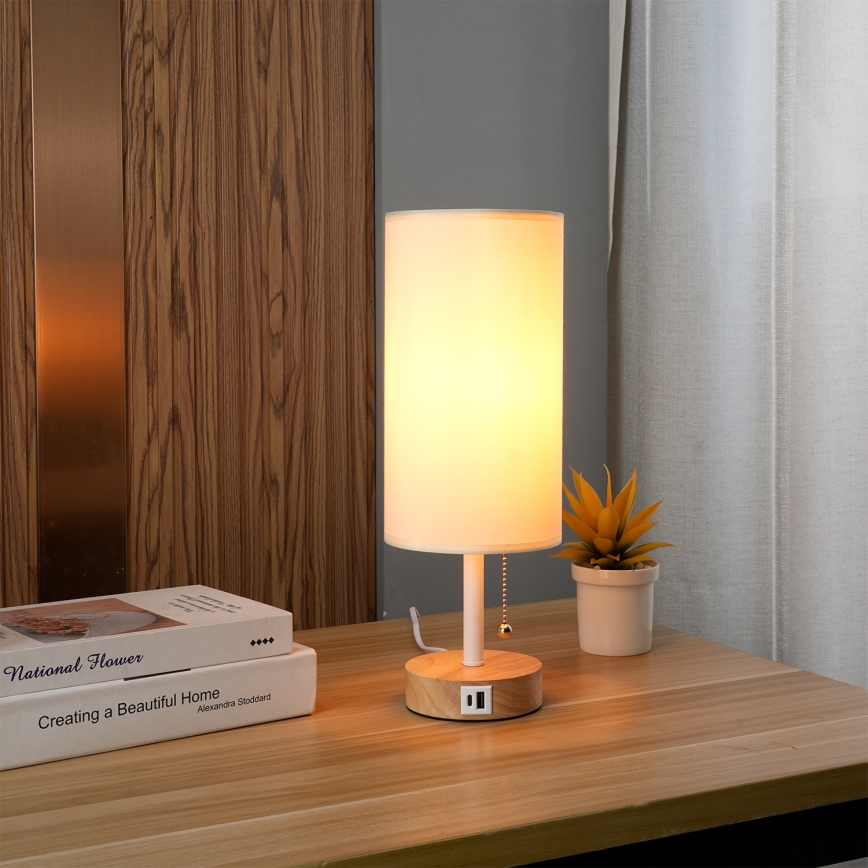 Brilagi - Lampada da tavolo con porta USB TABLON 1xE27/25W/230V rovere/bianco/crema