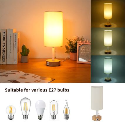 Brilagi - Lampada da tavolo con porta USB TABLON 1xE27/25W/230V rovere/bianco/crema