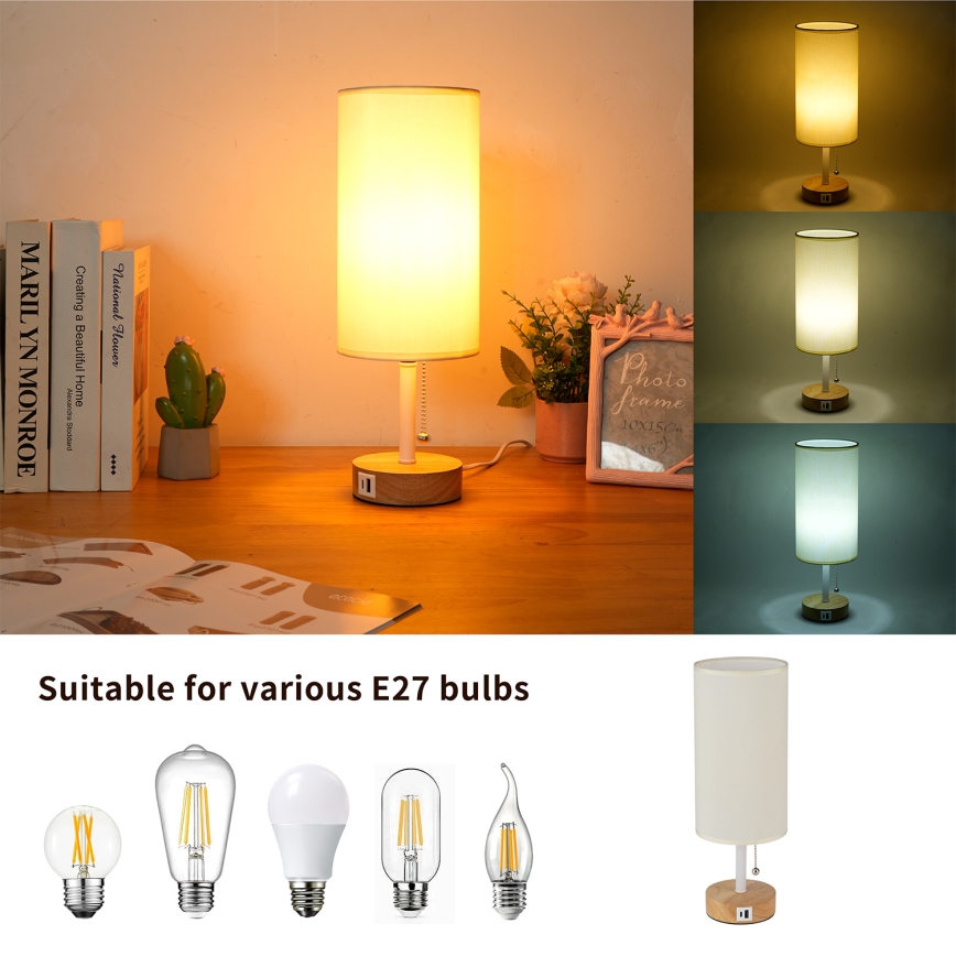 Brilagi - Lampada da tavolo con porta USB TABLON 1xE27/25W/230V rovere/bianco/crema